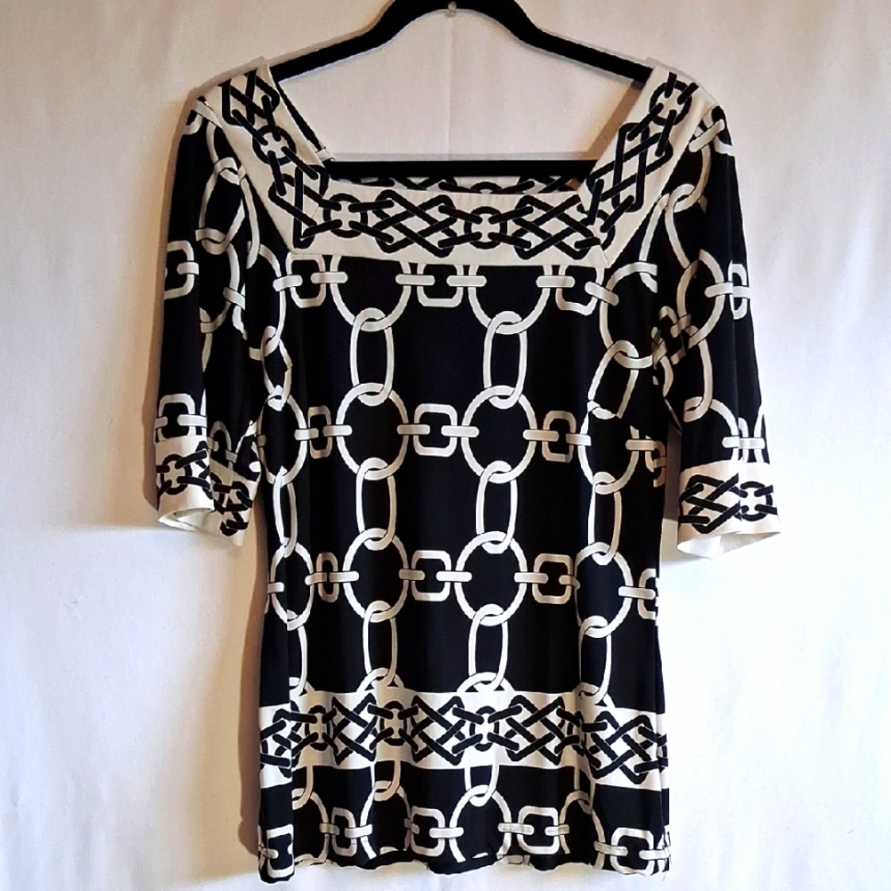 London Times Black and White Graphic 3/4 Sleeve Blouse